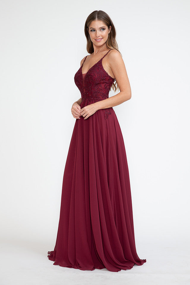 Embroidered A-Line Gown with Sheer V-Neck and Beaded Bodice Sleeveless Formal Prom Dress By Lenovia 8185