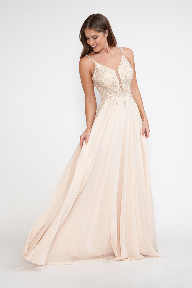 Embroidered A-Line Gown with Sheer V-Neck and Beaded Bodice Sleeveless Formal Prom Dress By Lenovia 8185