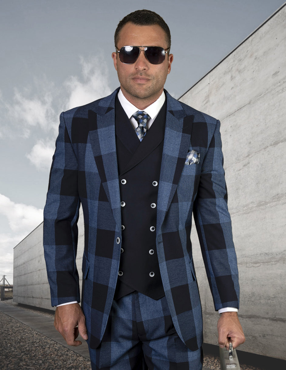 Navy Plaid Double Breasted Vest Suit for Men