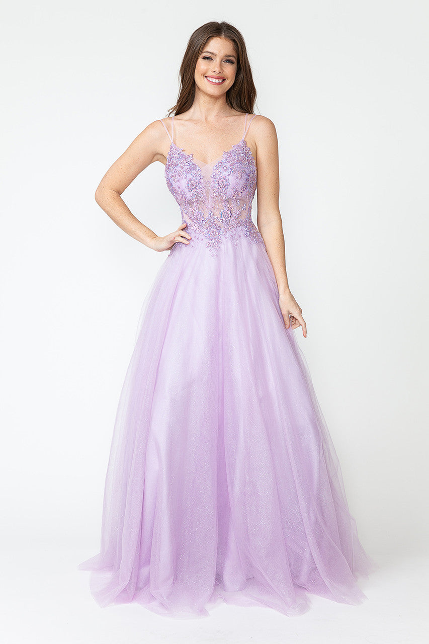 Glitter Tulle A-Line Gown with Floral Lace Appliqué Bodice and Double Spaghetti Straps Prom Dress By Lenovia 8182