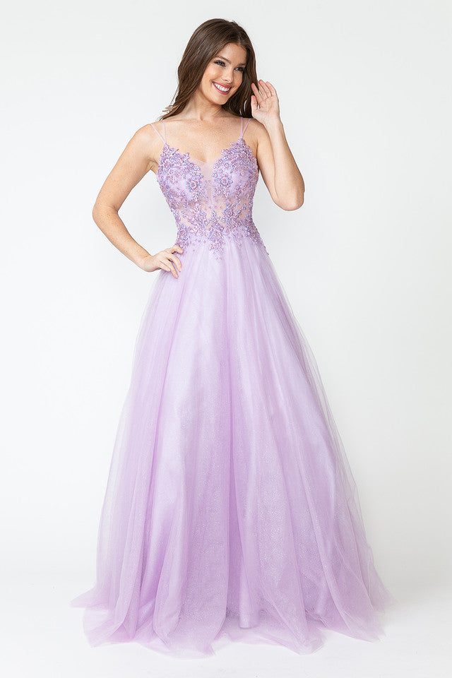 Glitter Tulle A-Line Gown with Floral Lace Appliqué Bodice and Double Spaghetti Straps Prom Dress By Lenovia 8182