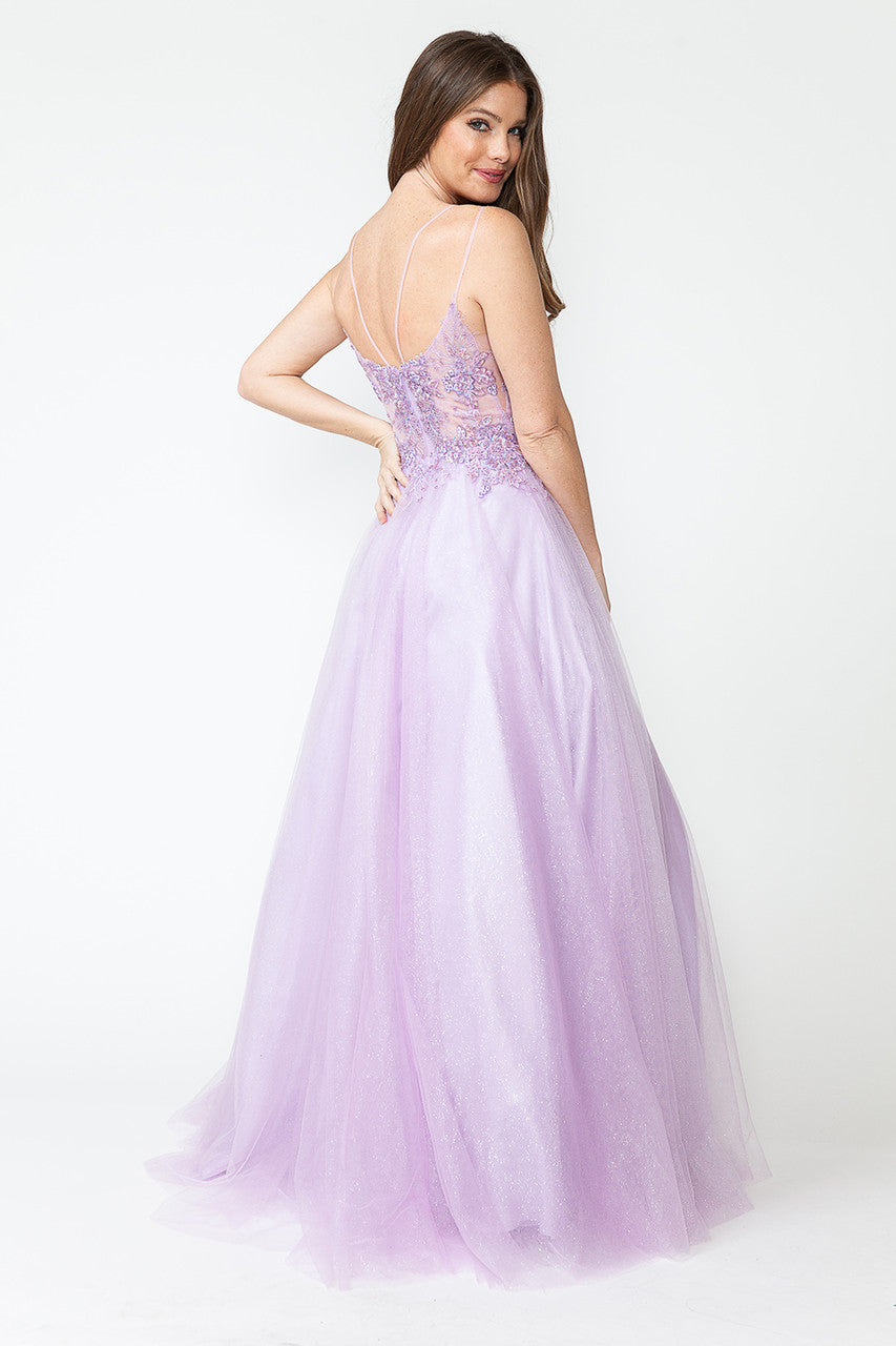 Glitter Tulle A-Line Gown with Floral Lace Appliqué Bodice and Double Spaghetti Straps Prom Dress By Lenovia 8182