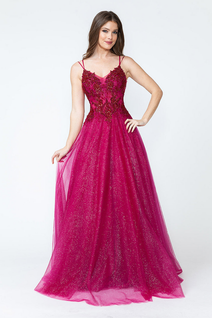 Glitter Tulle A-Line Gown with Floral Lace Appliqué Bodice and Double Spaghetti Straps Prom Dress By Lenovia 8182