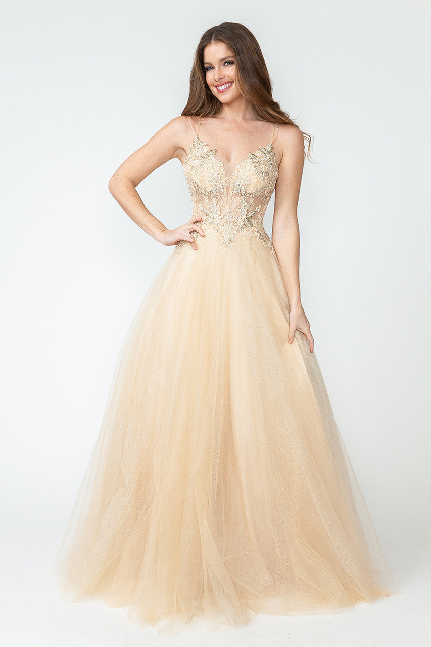 Glitter Tulle A-Line Gown with Floral Lace Appliqué Bodice and Double Spaghetti Straps Prom Dress By Lenovia 8182
