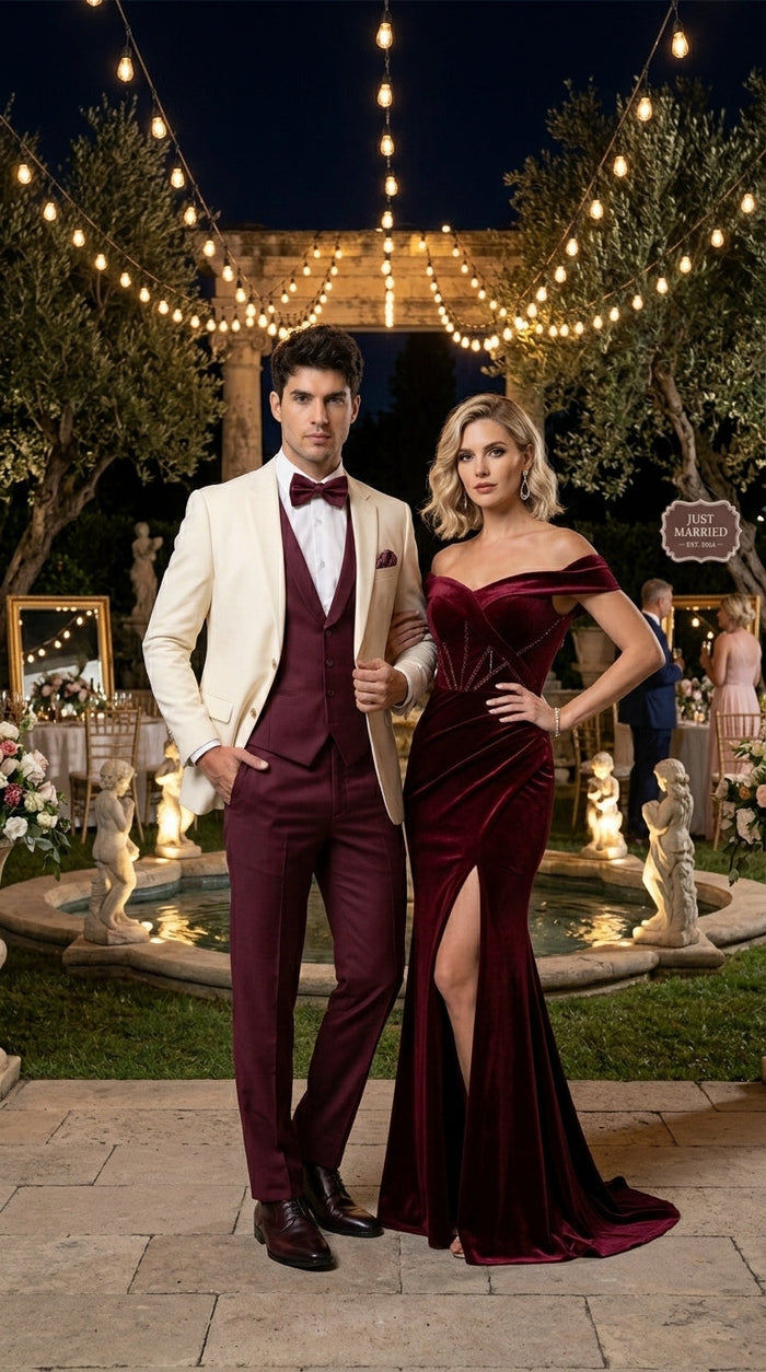 Men’s Cream Ivory and Burgundy 3 Piece Tuxedo Suit, Vested Formal Wedding Prom Dinner Suit in Cream Off White Color