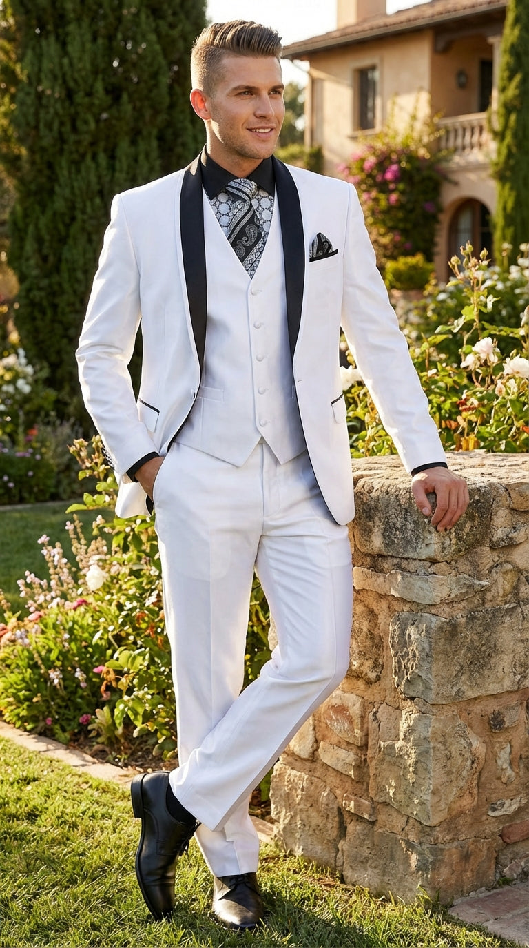 metallic tuxedo dress Men’s White Shiny Flashy Fabric Tuxedo Suit with Black Shawl Lapel