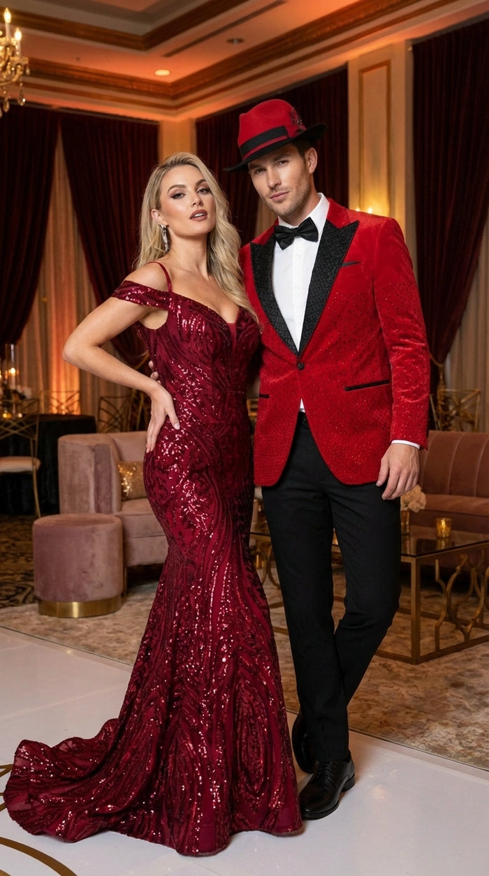 Men’s Red Velvet Fabric Rhinestone  Blazer with Matching Red and Black Hat – Christmas New Year Holiday Party Jacket Set
