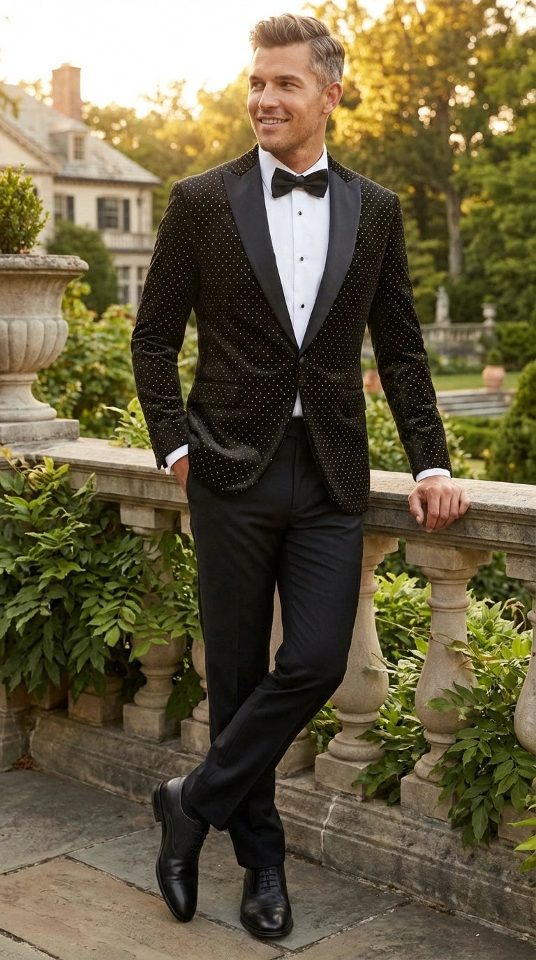 Men’s Black Velvet Dinner Jacket Blazer with Satin Lapel – Formal Evening Tuxedo Style Jacket Polk Dots Pattern + Free bowtie