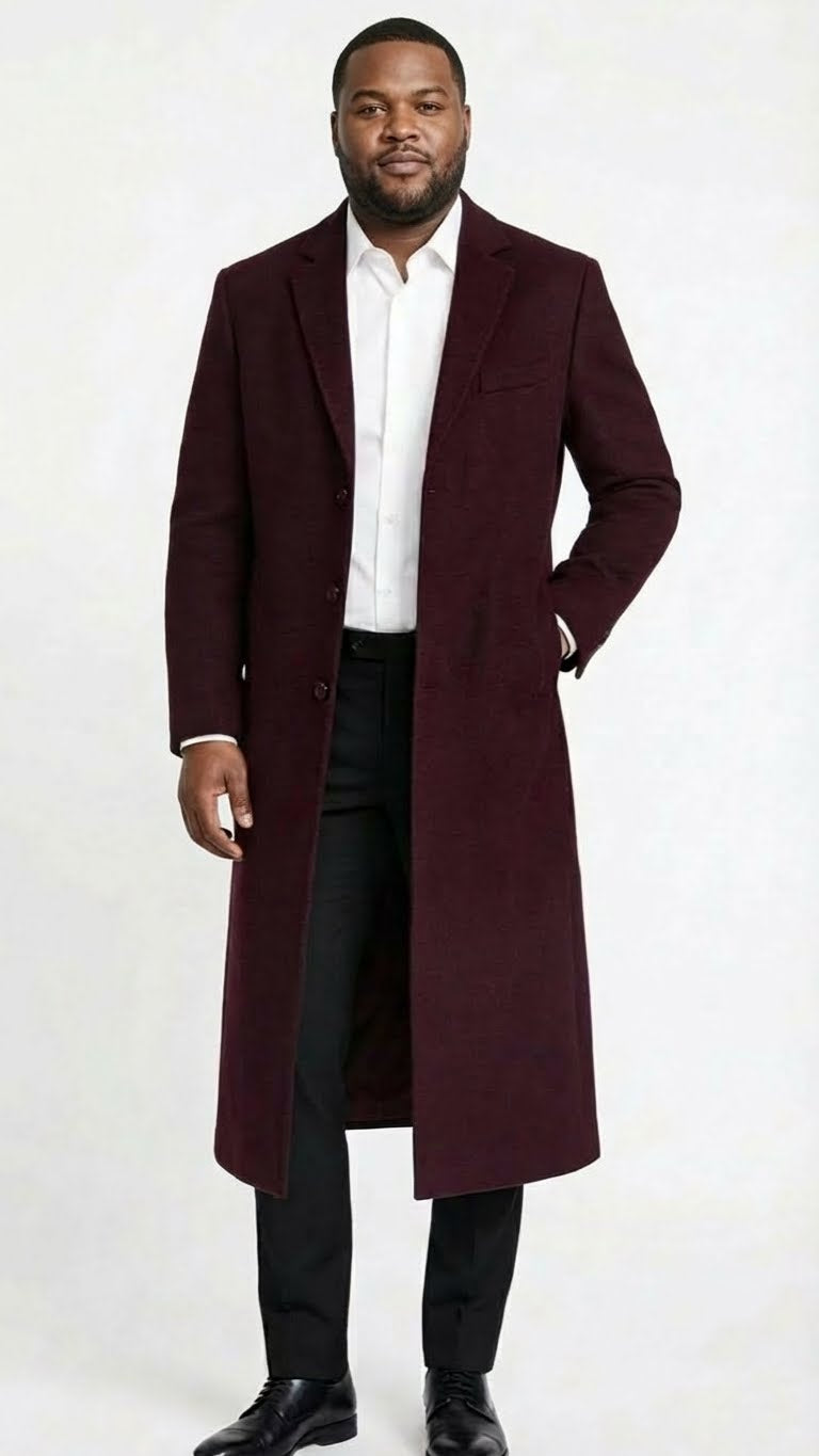 Men’s Burgundy Long Coat – Classic Fit Wool Blend Overcoat - Topcoat Full length