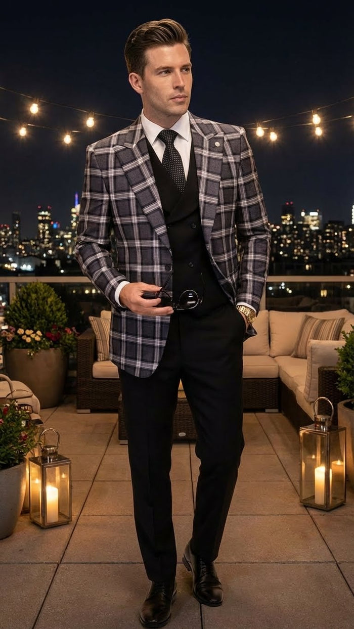 Men’s Big and Tall Charcoal Gray and Black Plaid Blazer – Grey Checker Windowpane Sport Coat