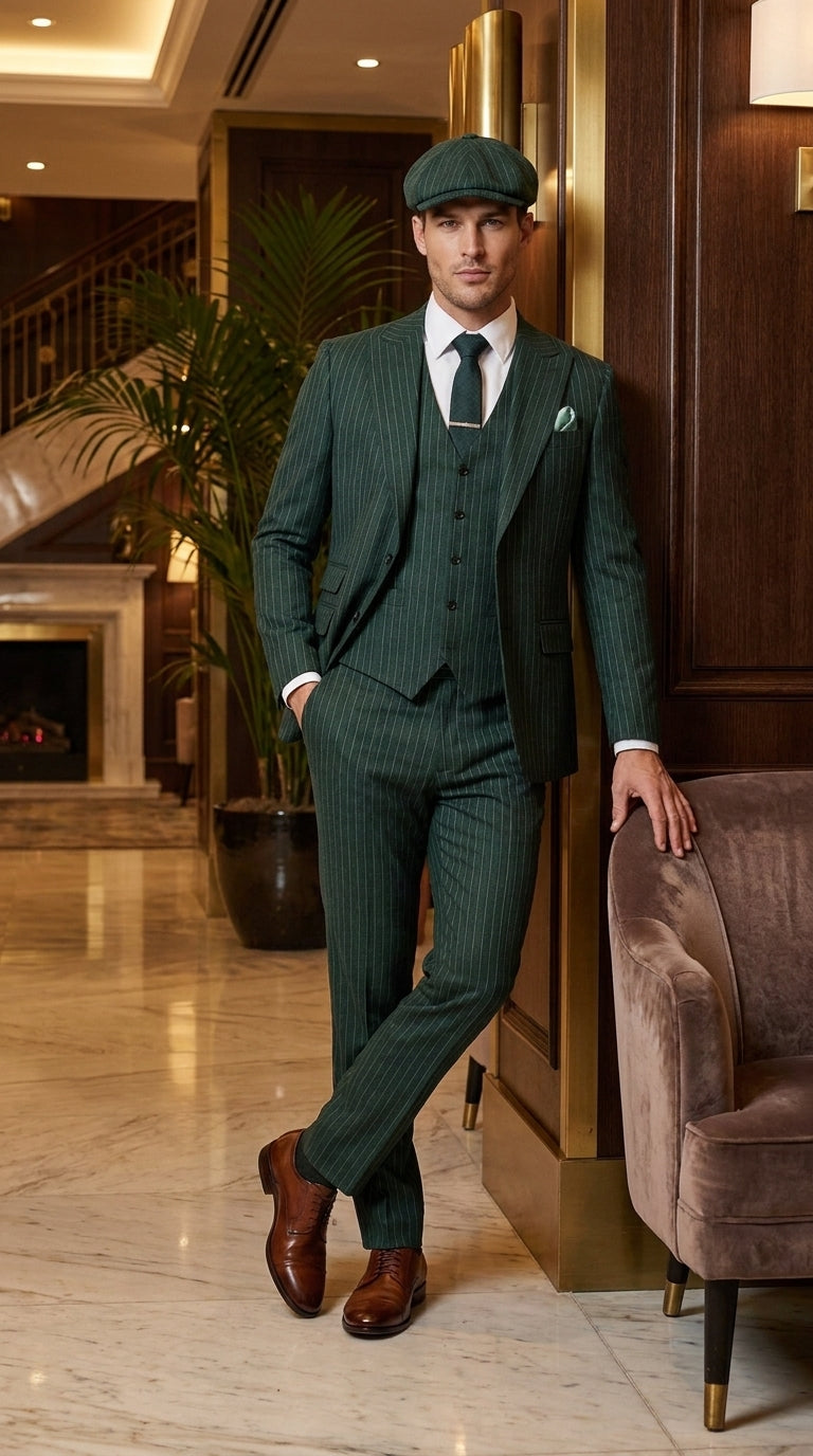 mens suit to match green dress Men's Hunter Pinstripe 3-Piece – Vintage Wedding, Prom and green dress matching suit