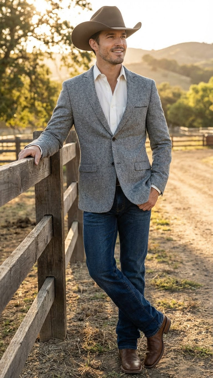 Men's Grey Tweed Herringbone Western Blazer Jacket  Style Look, Textured Formal Casual Sport Coat for Jeans