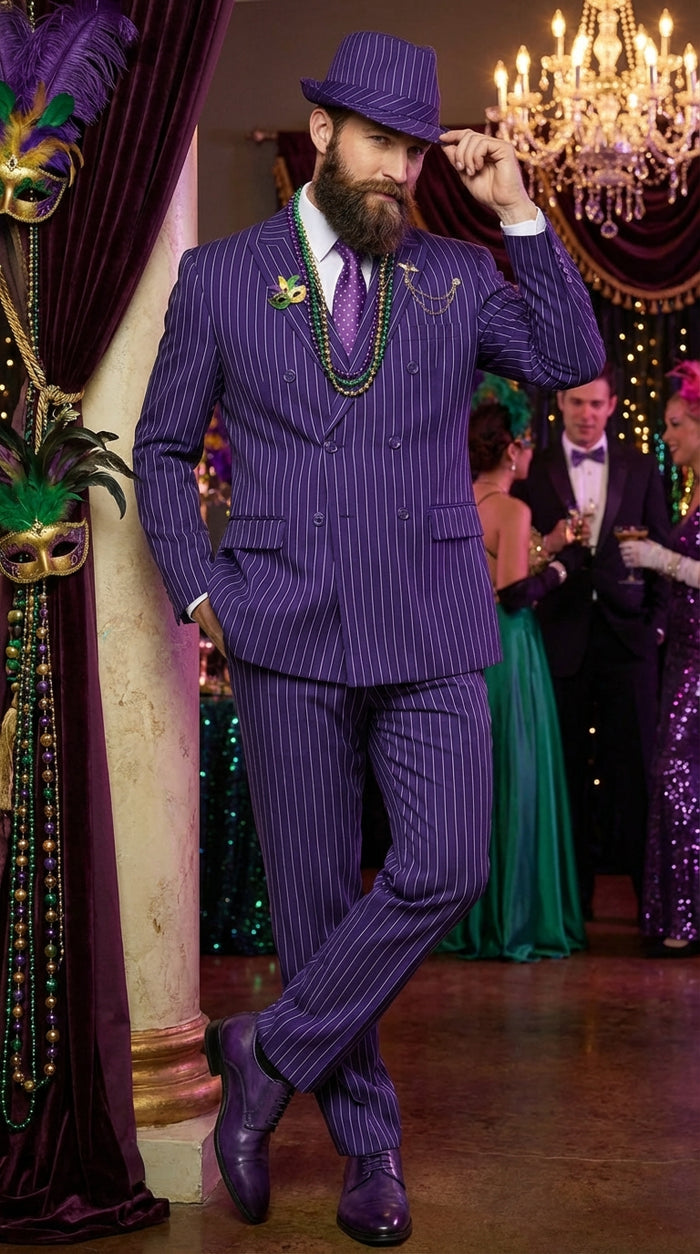 Men’s Purple Pinstripe Mardi Gras Suit | Classic Double Breasted Formal Carnival Suit