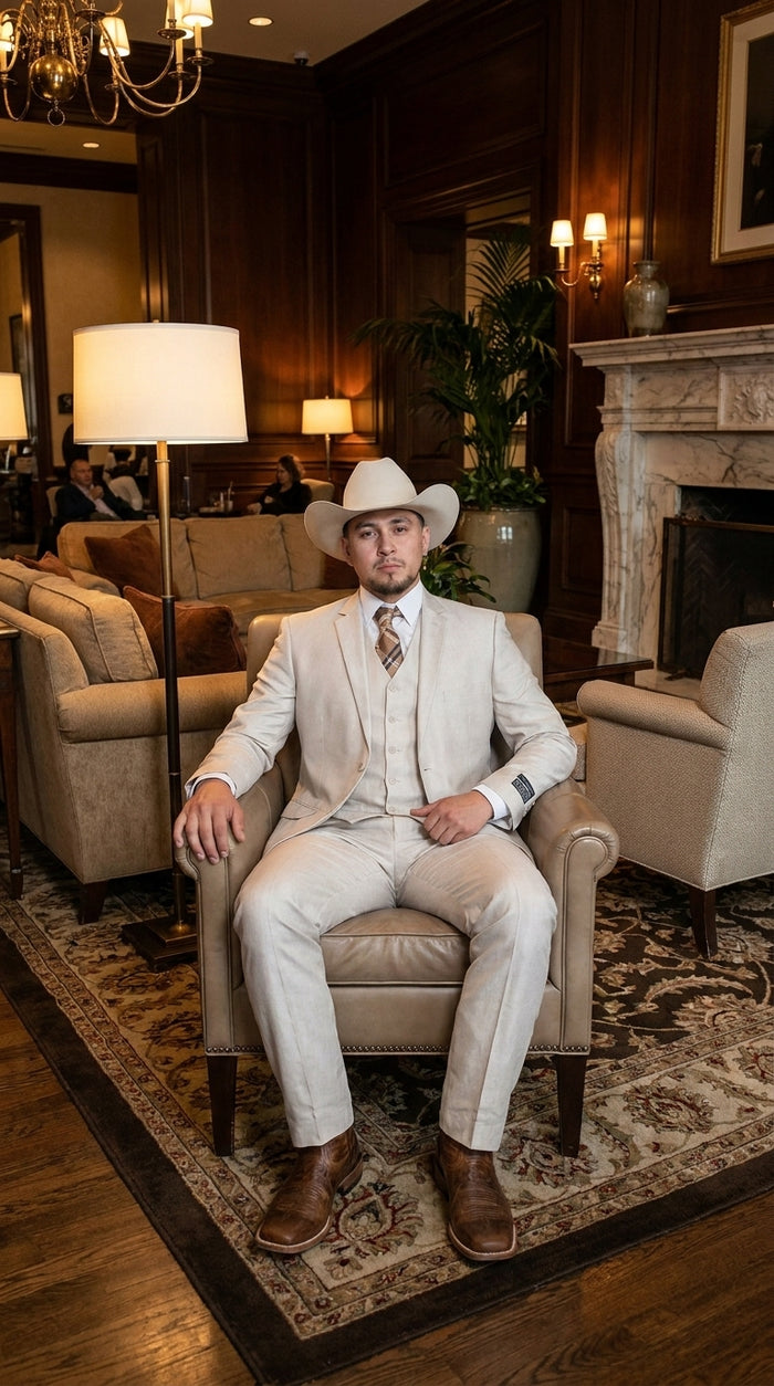 Men’s Sand champaign  Western Cowboy 3-Piece Suit – Light Cream Wedding Suit with Vest & Pants Slim Fitted