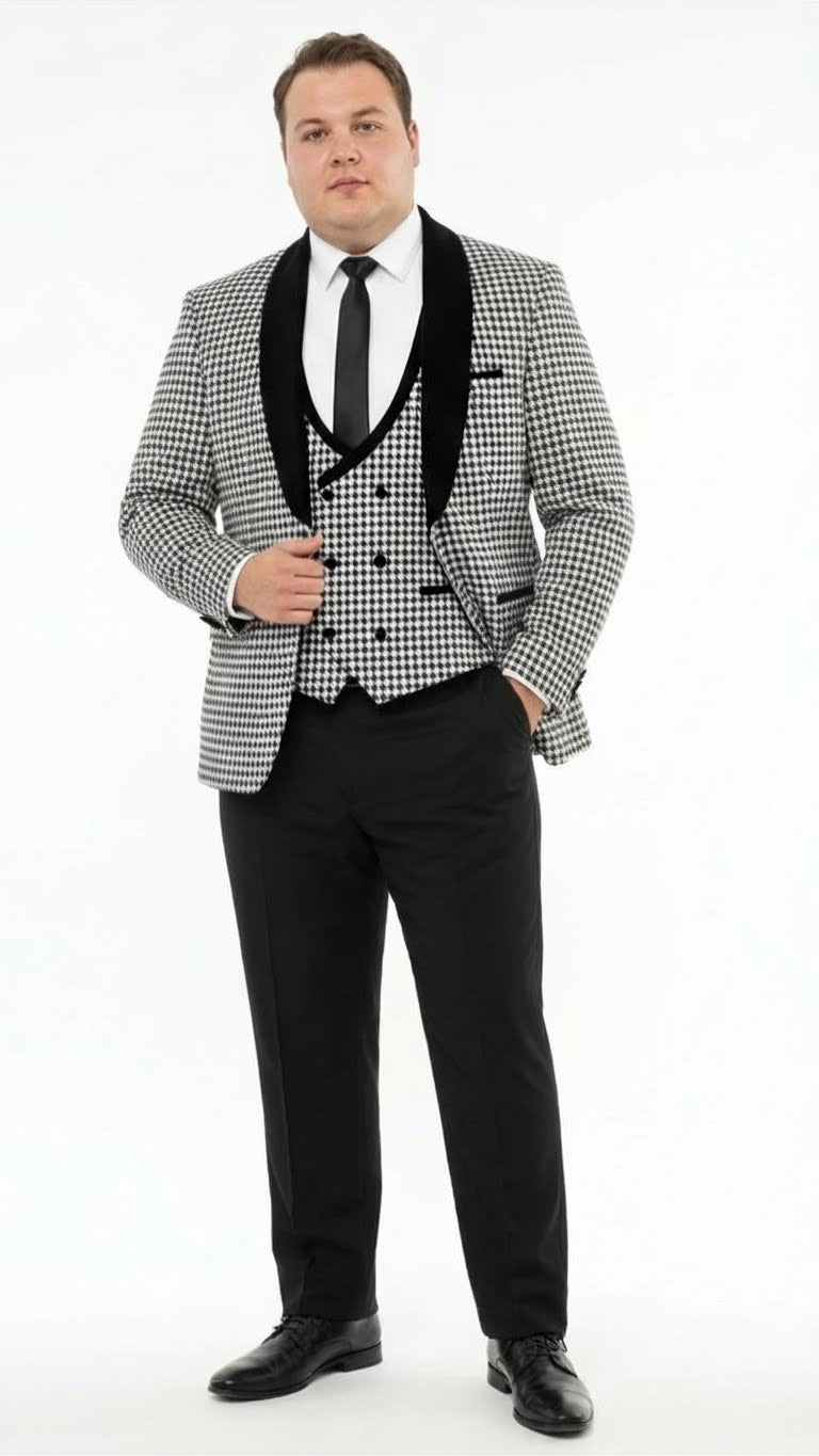 Men’s Black and White Houndstooth Tuxedo Set with Velvet Shawl Lapel | 3-Piece Formal Suit with Double-Breasted Vest