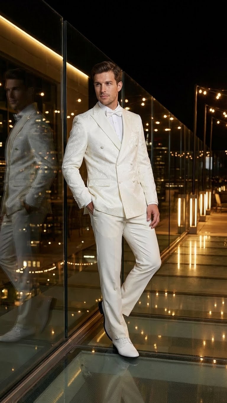 Men’s Ivory Double Breasted Tuxedo Dinner Jacket – Textured Blazer Paisley Texture Pattern in Off White Cream Color + Bowtie
