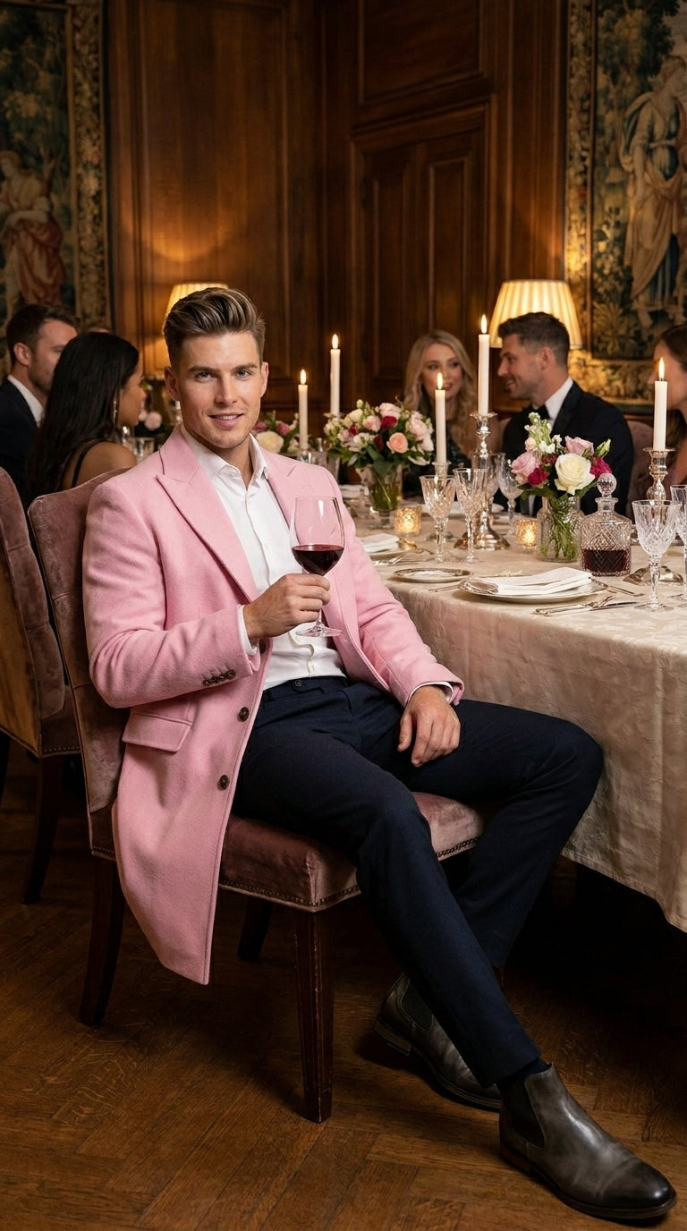 Men’s Light Pink Fashion Overcoat with Notch Lapel, Dress Car Coat for Formal and Casual Wear