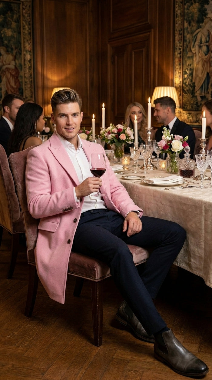 Men’s Light Pink Fashion Overcoat with Notch Lapel, Dress Car Coat for Formal and Casual Wear