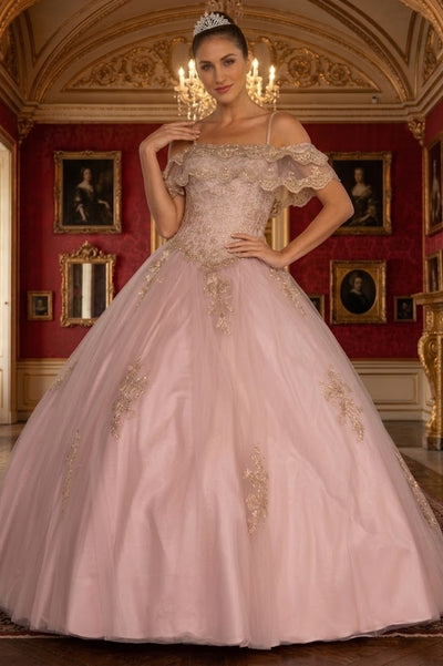 Off Shoulder Quinceañera Ball Gown Embroidered Lace-Up Back Floor Length by Elizabeth K GL2510