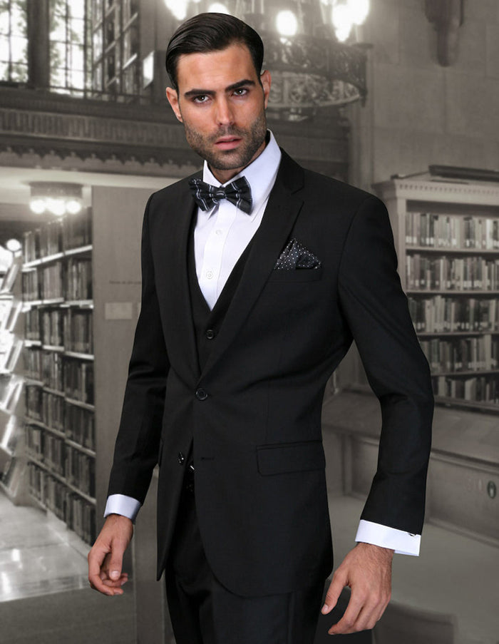 Mens Black Skinny Vested Wool Suit - 2 Button