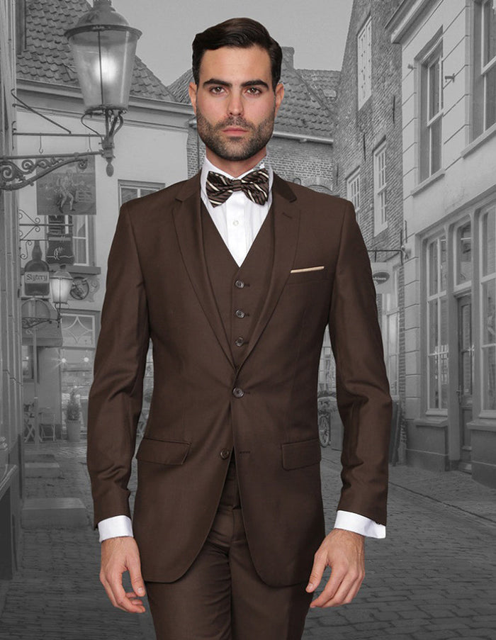 2 Button Skinny Wool Suit with Vest, Brown