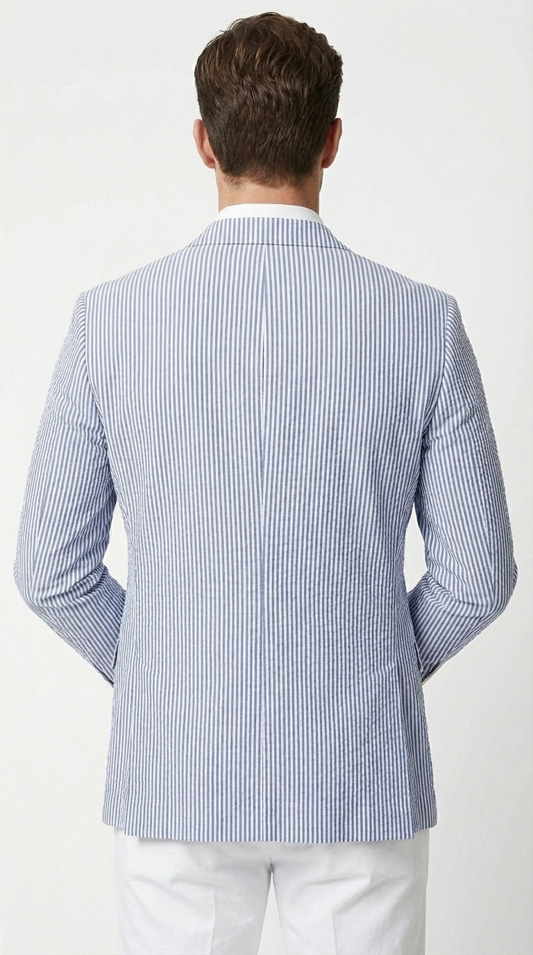 Mens Blue Seersucker Blazer – Lightweight Striped Summer Sport Coat Casual Smart Formal Jacket