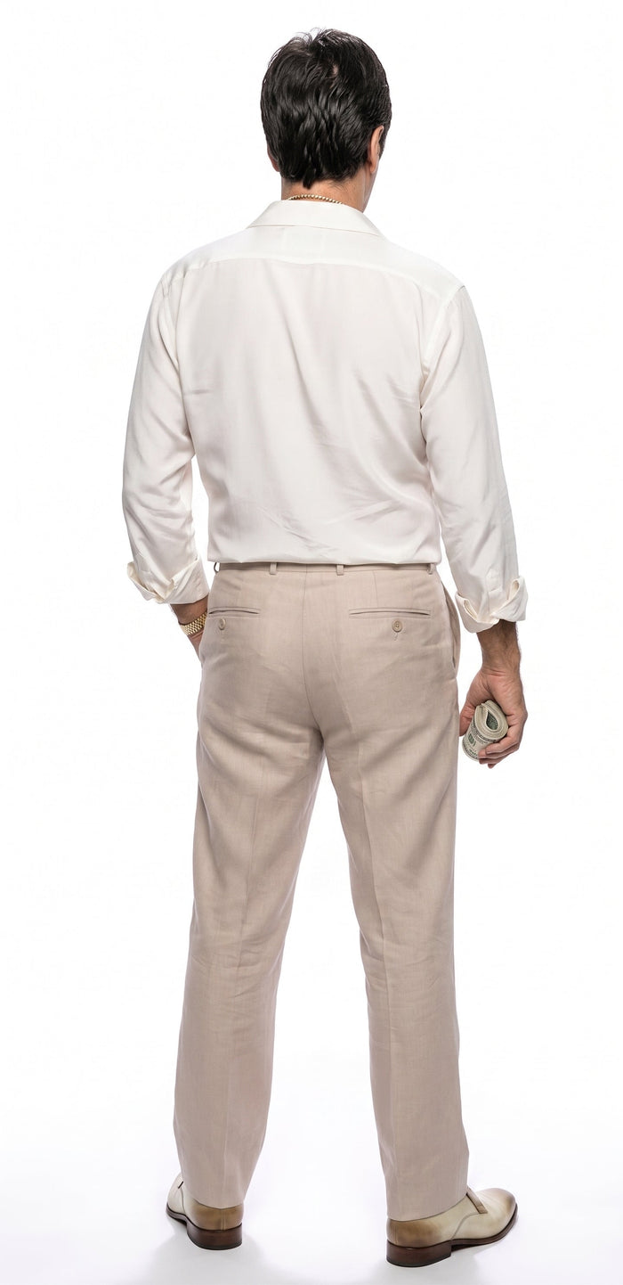 Tony Montana’s White Linen Shirt and Tan Pants – Men’s White Formal Shirt with Tan Trousers for Party, Wedding and Vintage Style Outfit
