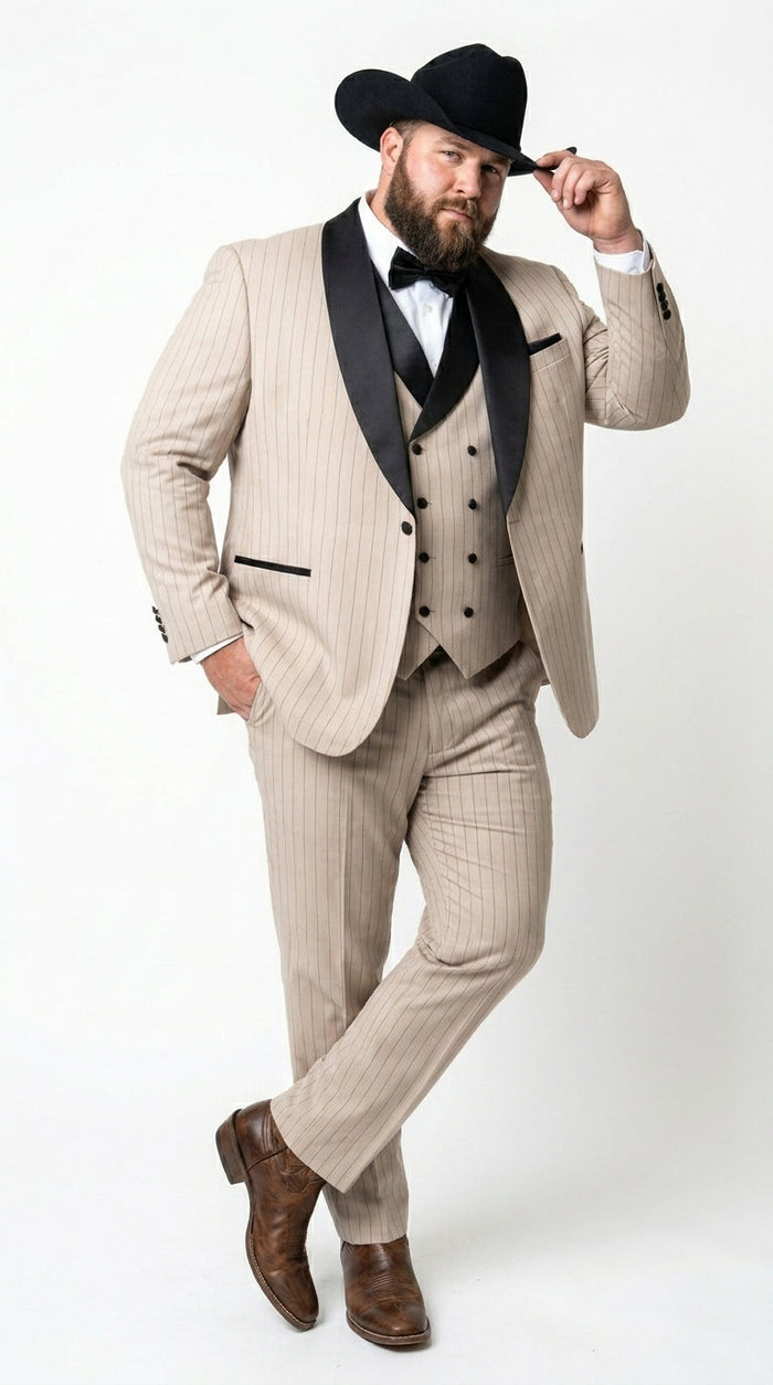 Men’s Beige Pinstripe Western 3 Piece Tuxedo Suit with Black Shawl Lapel, Formal Cowboy Wedding Prom Suit in Tan Khaki Color