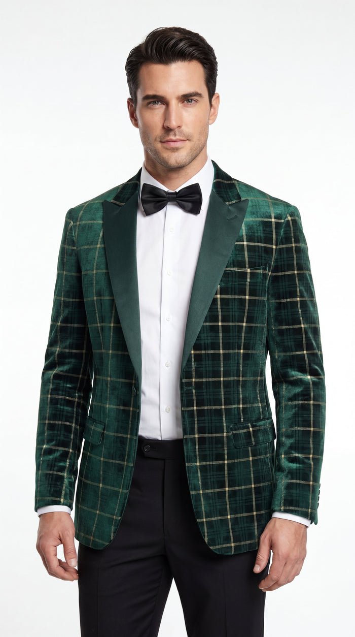 Men’s Green and Gold Plaid Christmas Holiday Blazer – Classic Check Party Jacket for New Year, Wedding and Festive New Year event