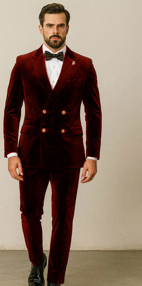 Mens Velvet Suit - Slim Fit Double Breasted Suit Blazer and Pants - Green