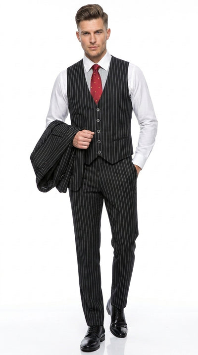 Men’s Beetlejuice Black Pinstripe 3 Piece Suit – Vintage Gothic Halloween Costume Suit