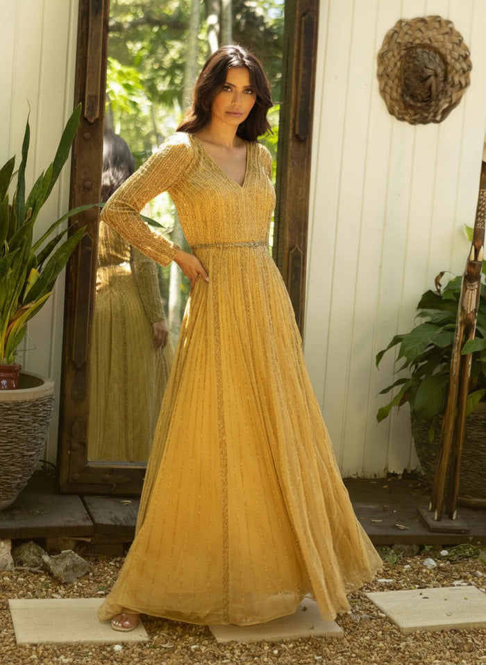 Primavera Couture 12010 - Beaded Sequin Long-Sleeve Evening Gown