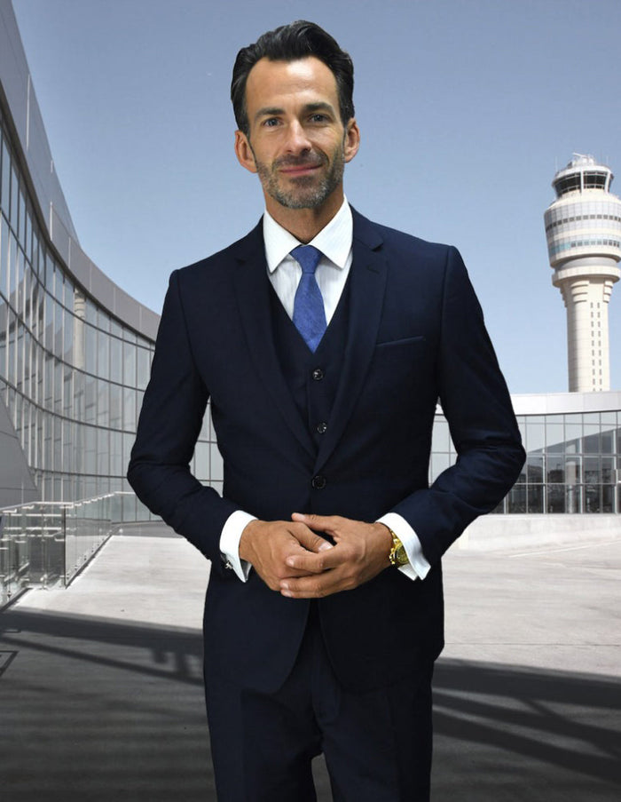 Mens Navy Wool 2 Button Skinny Vested Suit