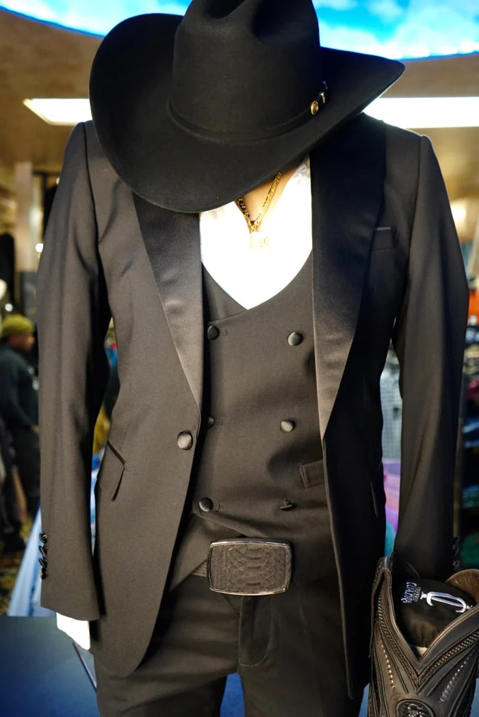 Men’s Black Western Tuxedo Suit with Satin Shawl Lapel, Double Breasted Vest Formal Cowboy Suit