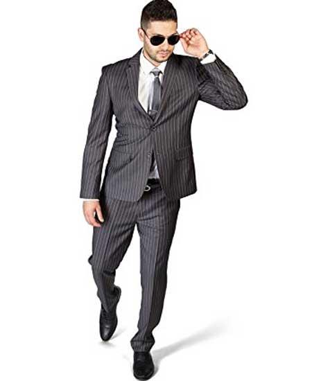 Men's Slim Fit Stripe ~ Skinny Style Grey 2 Button Pinstripe Flat Front Pants Cheap Priced Business Suits Clearance Sale