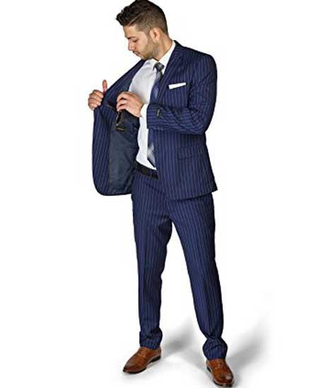 Men's 2 Button Slim Fit Stripe ~ Skinny Style Pinstripe Flat Front Pants Dark Navy Blue Suit For Men Cheap Priced Business Suits Clearance Sale