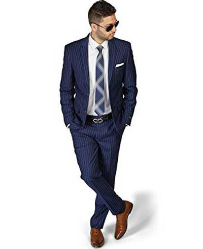 Men's 2 Button Slim Fit Stripe ~ Skinny Style Pinstripe Flat Front Pants Dark Navy Blue Suit For Men Cheap Priced Business Suits Clearance Sale