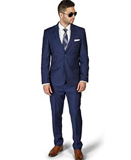 Men's 2 Button Slim Fit Stripe ~ Skinny Style Pinstripe Flat Front Pants Dark Navy Blue Suit For Men Cheap Priced Business Suits Clearance Sale