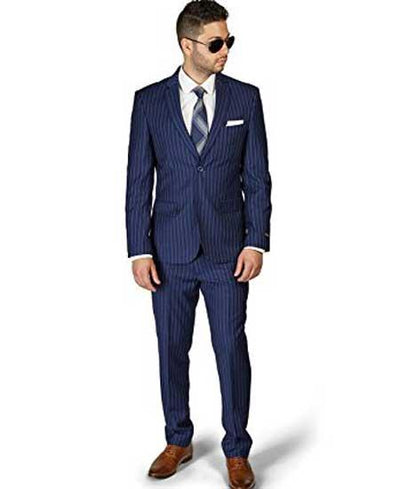 Men's 2 Button Slim Fit Stripe ~ Skinny Style Pinstripe Flat Front Pants Dark Navy Blue Suit For Men Cheap Priced Business Suits Clearance Sale
