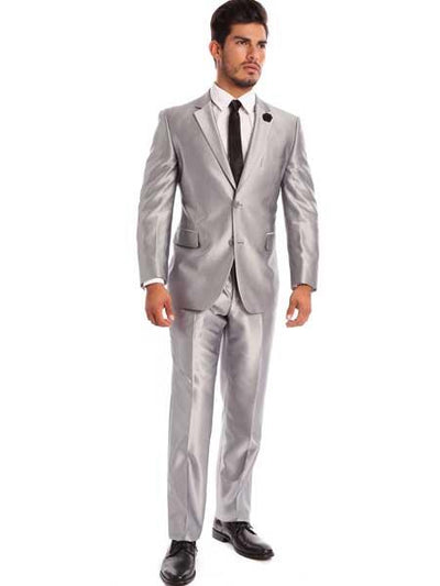 Men's Slim Fit Suit - Fitted Suit - Skinny Suit Men's Two Piece Silver Classic Fit Sharkskin Solid Italian Styled Suit