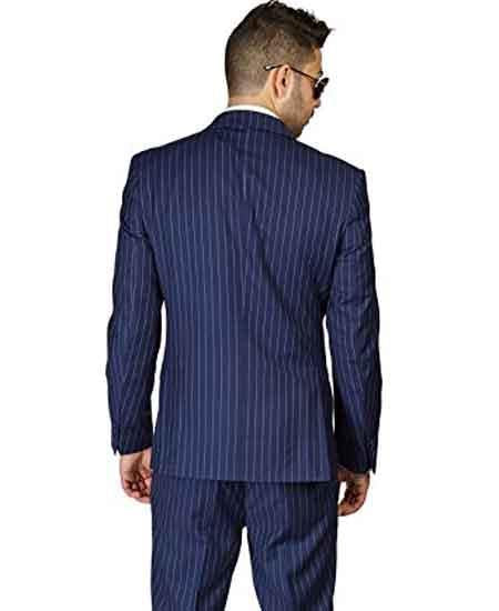 Men's 2 Button Slim Fit Stripe ~ Skinny Style Pinstripe Flat Front Pants Dark Navy Blue Suit For Men Cheap Priced Business Suits Clearance Sale