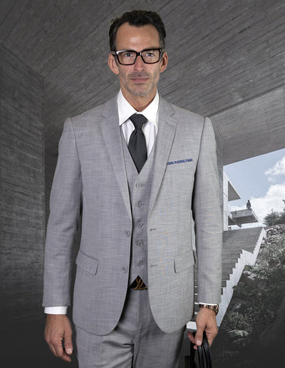 Light Grey Slim Fit Wool Suit with Vest
