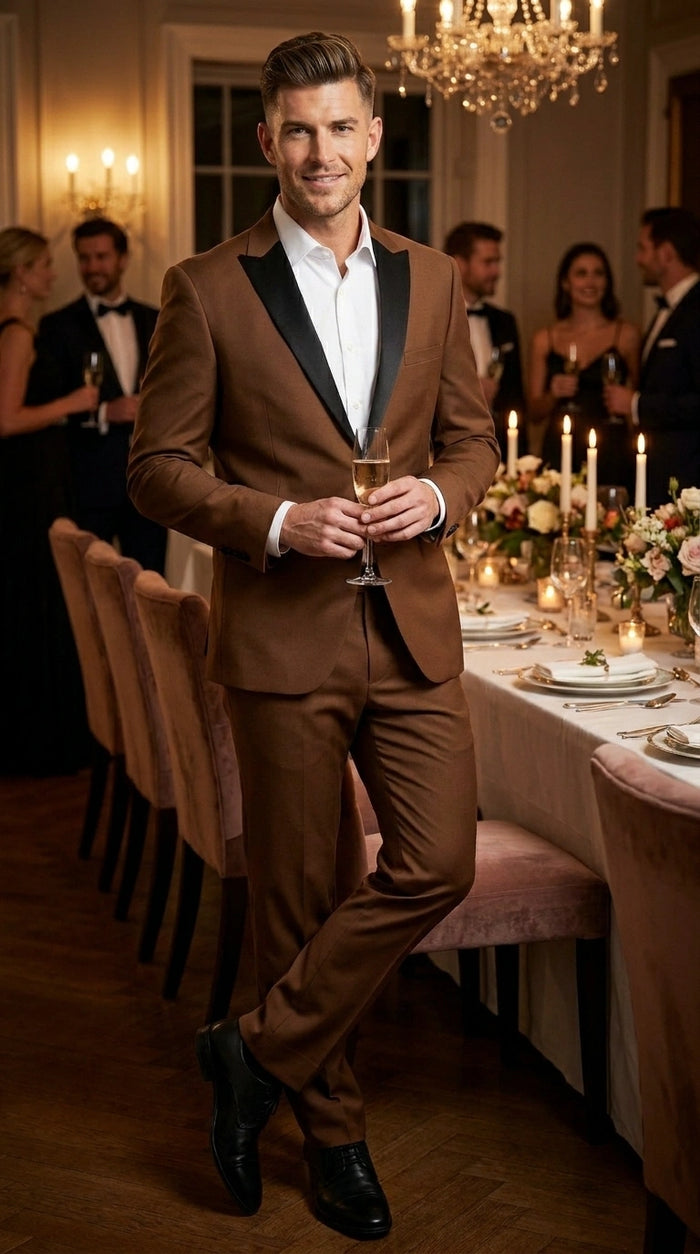 Men’s Light Brown Vested Piece Suit – Elegant Formal Suit with Contrast Lapel for Wedding, Party