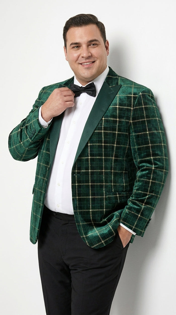 Men’s Green and Gold Plaid Christmas Holiday Blazer – Classic Check Party Jacket for New Year, Wedding and Festive New Year event