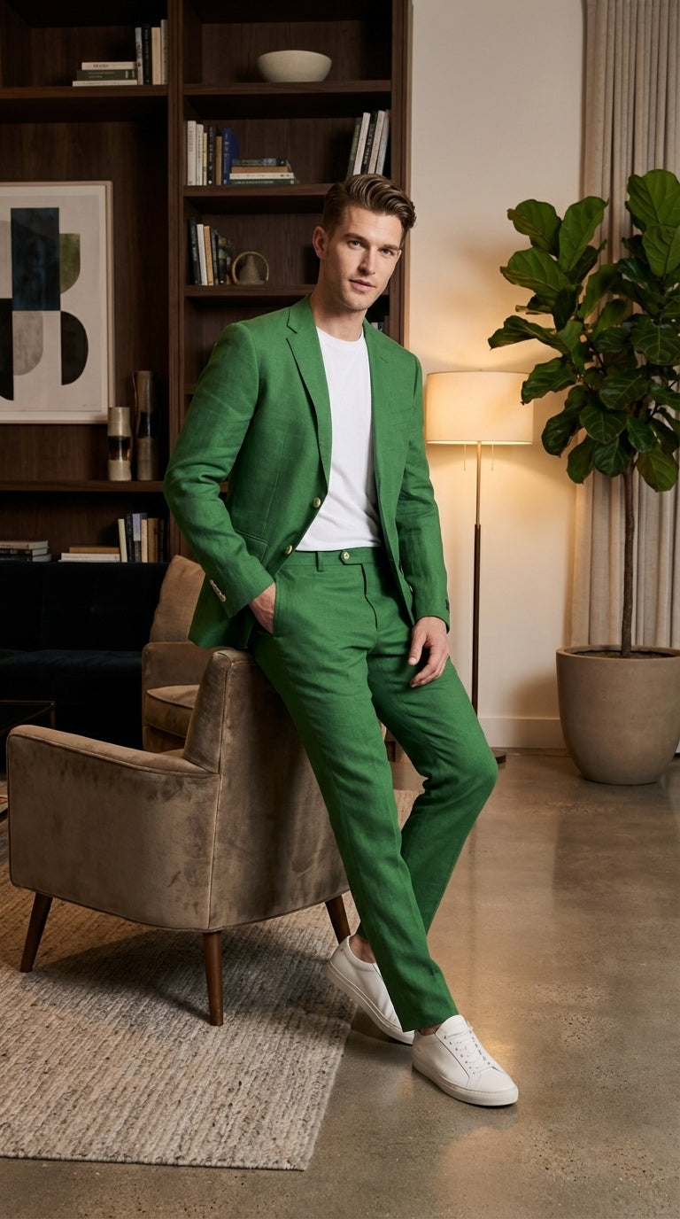 Men's Emerald Green Suit Set – Lightweight Summer Blazer and Pants, Ca