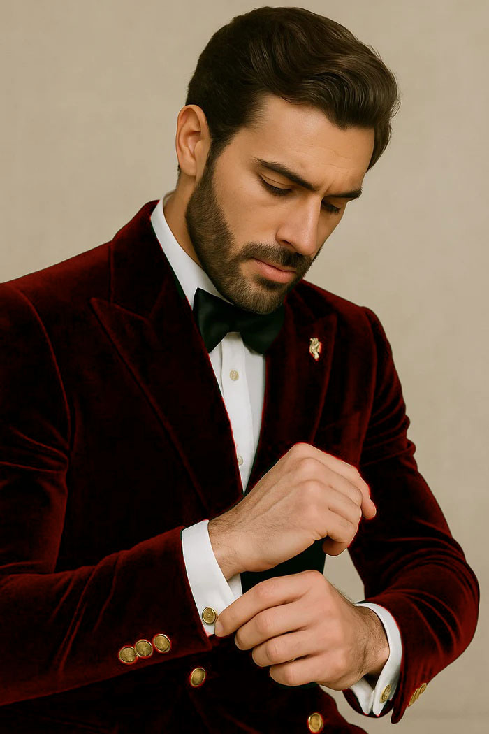 Mens Velvet Suit - Slim Fit Double Breasted Suit Blazer and Pants - Green