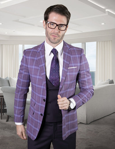 Mens Low Cut Vest Purple Plaid Suit