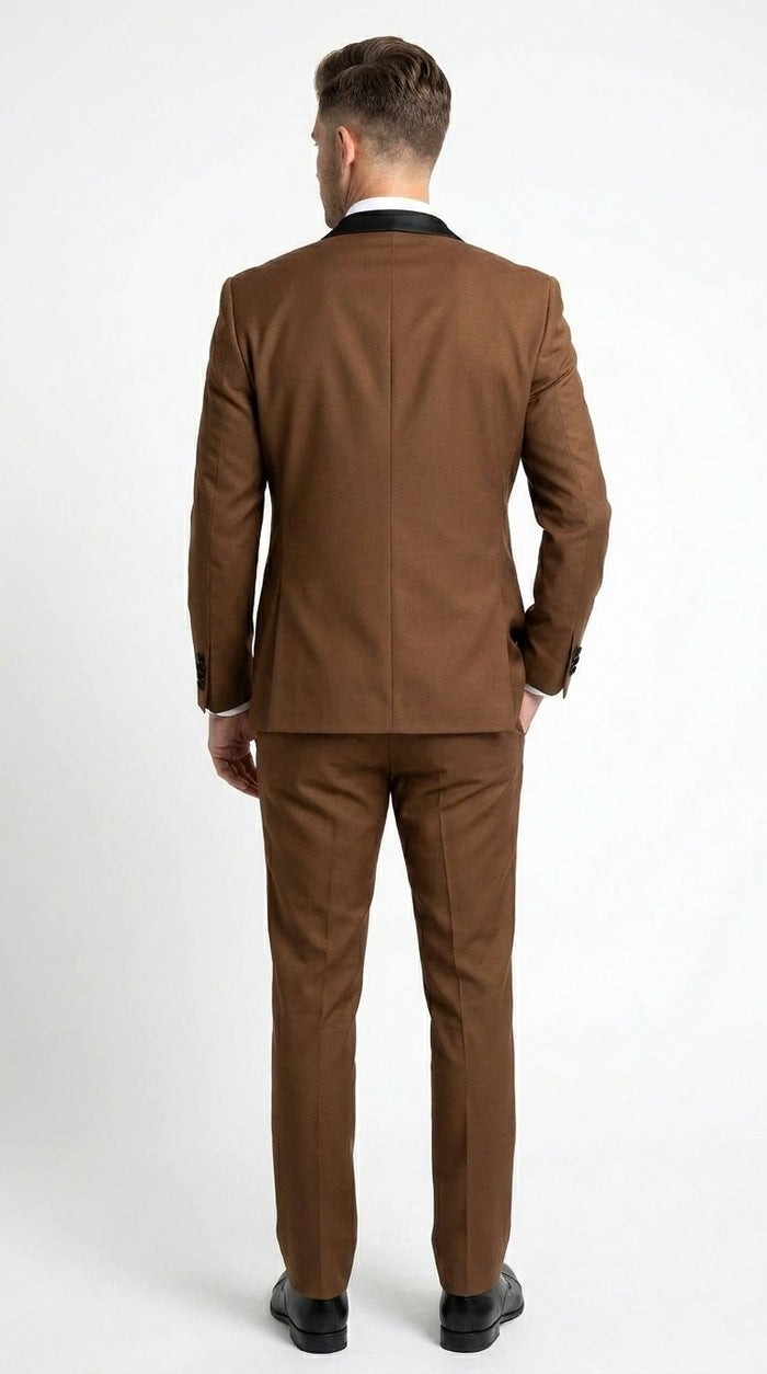 Men’s Light Brown Vested Piece Suit – Elegant Formal Suit with Contrast Lapel for Wedding, Party