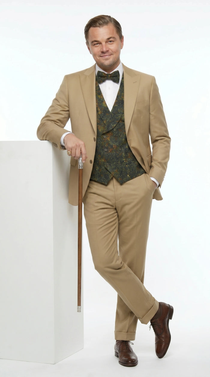 Men’s Khaki 3 Piece Suit with Patterned Vest, Great Gatsby Inspired Formal Suit for Weddings, Mardi Gra in Tan Camel Color
