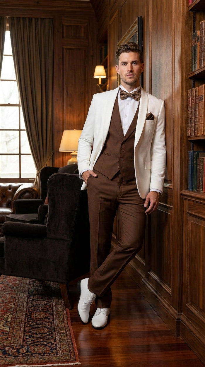Men’s Ivory and Brown 3 Piece Suit – Elegant White Blazer with Brown Vest and Trousers for Wedding, Prom and Formal Events in off White Cream + Bowtie